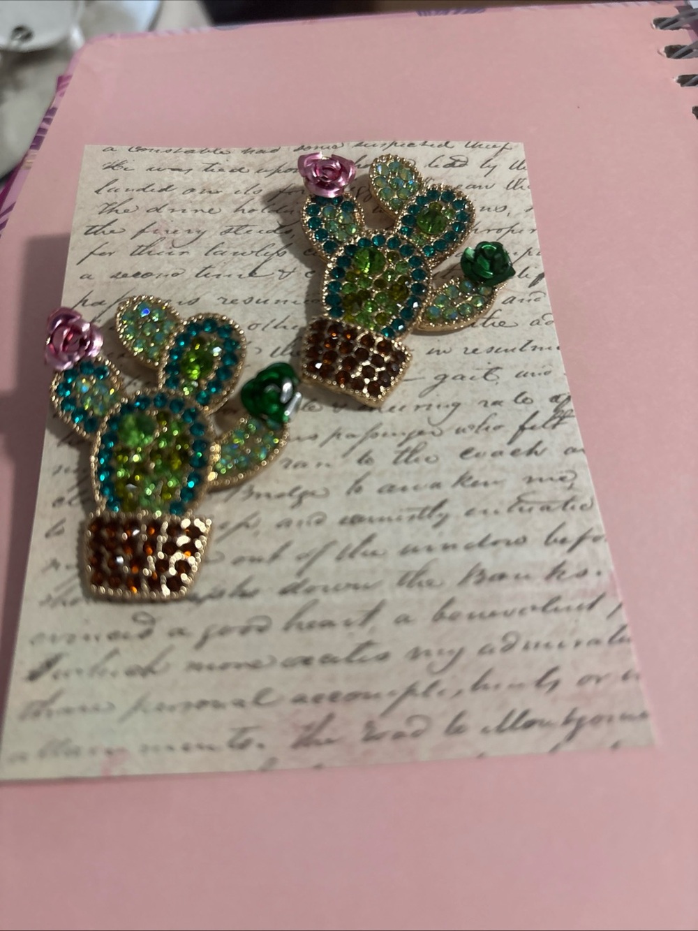 Unlisted Green and Blue Cactus Crystal Stud Earrings with Pink Rose Accent
